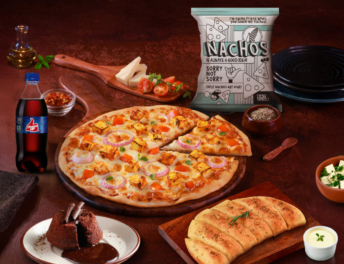 Smoky Paneer Pizza [10" Big] + Chocolava + Nachos + Thums Up