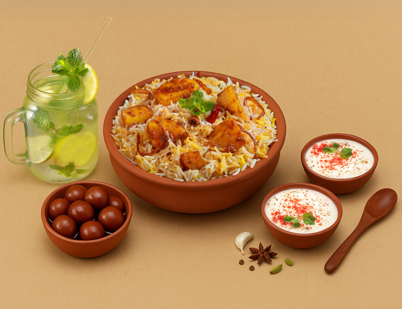 1 KG Tandoori Aloo Biryani + Dessert + Drink + 2 Raitas