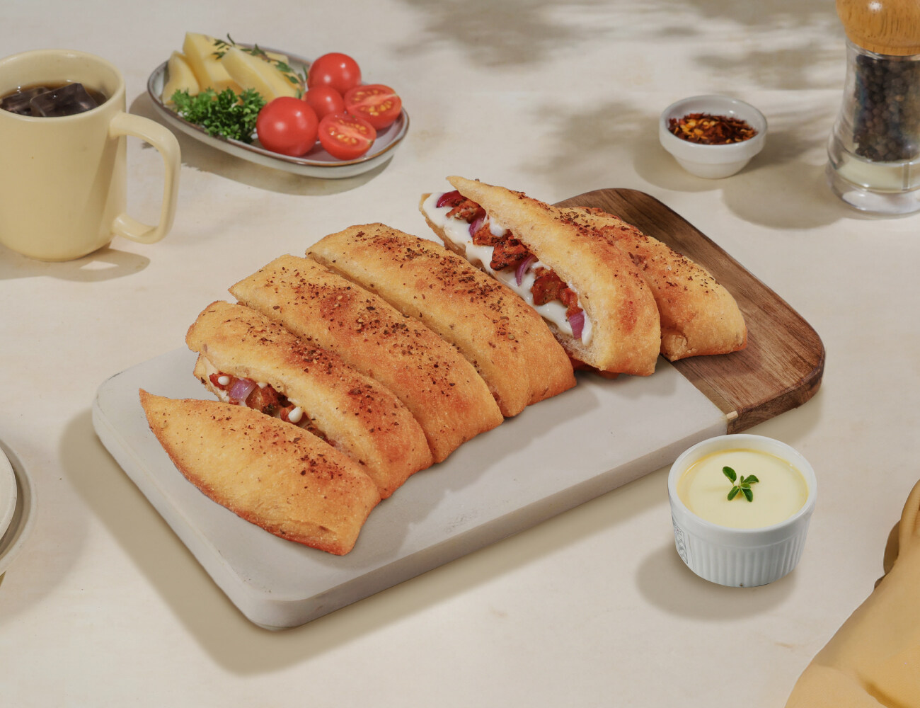 Chicken Tikka Stuffed Garlic Breadsticks + Cheesy Dip [FREE]